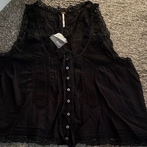 Free People Black Lace Button-Down Tank Top
